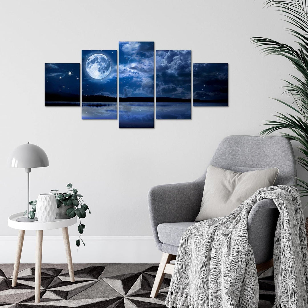 Runa Art Wandbilder Nachthimmel Mond 5 Teilig Bild auf Vlies Leinwand Deko Wohnzimmer Schlafzimmer N