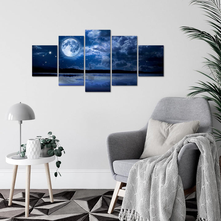 Runa Art Wandbilder Nachthimmel Mond 5 Teilig Bild auf Vlies Leinwand Deko Wohnzimmer Schlafzimmer N
