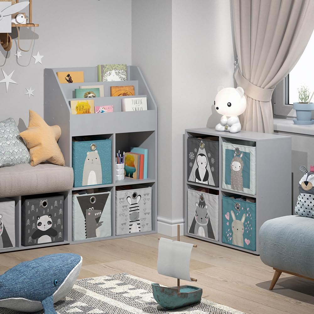 Vicco Kinderregal Grau Luigi mit 4 Faltboxen - 72x114x31 cm aus Spanplatte - Bücherregal ideal fürs