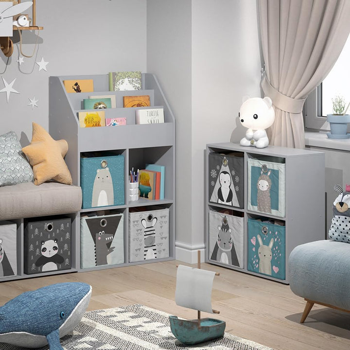 Vicco Kinderregal Grau Luigi mit 4 Faltboxen - 72x114x31 cm aus Spanplatte - Bücherregal ideal fürs