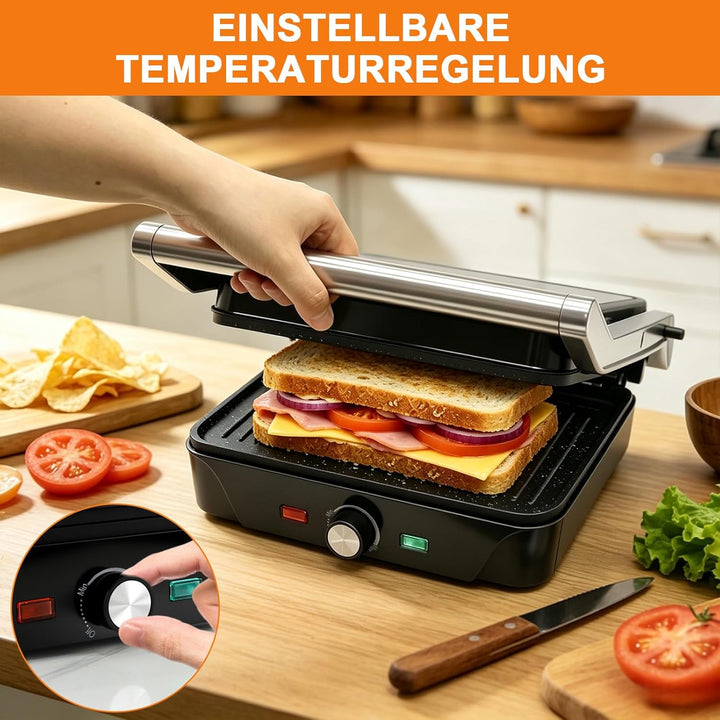 kisidus Kontaktgrill 2000W Panini Grill, Sandwich Maker, Tischgrill elektrisch 180° aufklappbar, ant