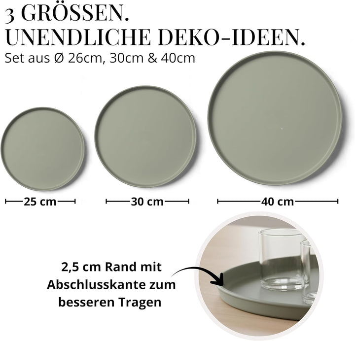 Deko Tablett 3er Set, Serviertablett rund (25 cm, 30 cm, 40 cm), Dekotablett für Adventskranz, Kerze