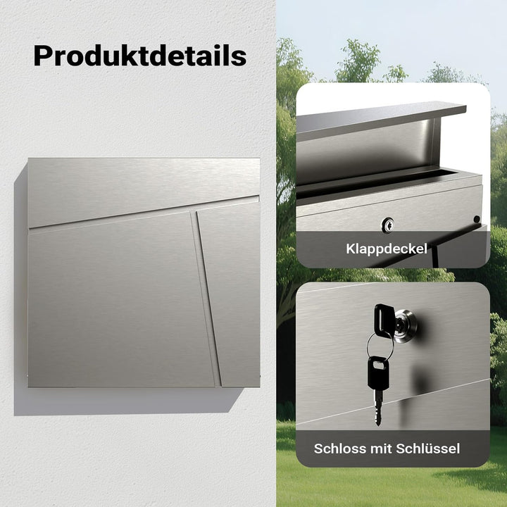 Wiltec Designer Briefkasten V23 Edelstahl 370 x 102 x 370 mm, Wandbriefkasten mit Schloss und Zeitun
