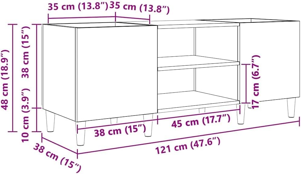 vidaXL Schallplattenschrank Artisan-Eiche 121 x 38 x 48 cm, Moderner Musikschrank, robuster Vinylspe