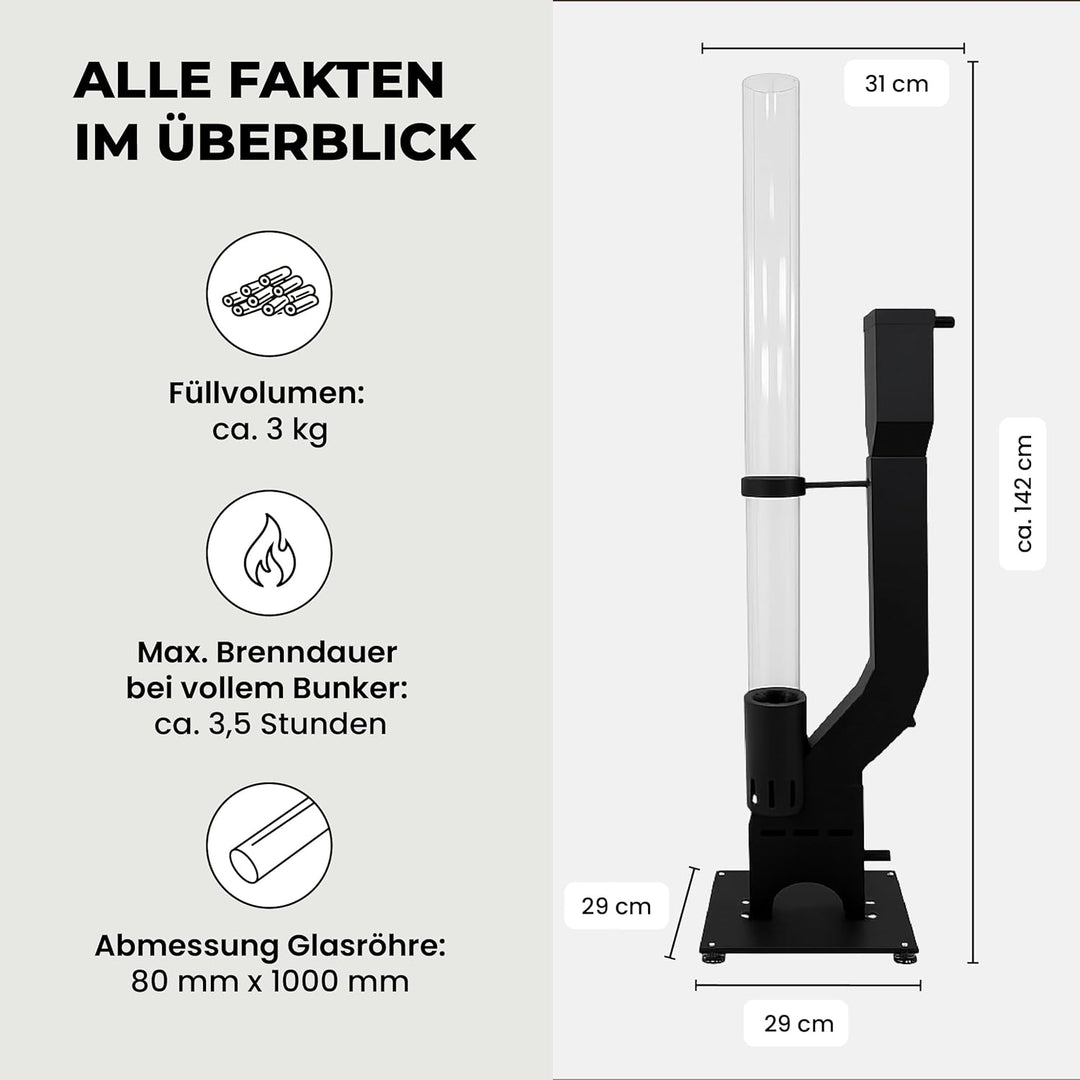Lemodo Pelletfackel Prime XL, Feuersäule Outdoor mit Glasröhre, für Garten & Terrasse, für Holzpelle