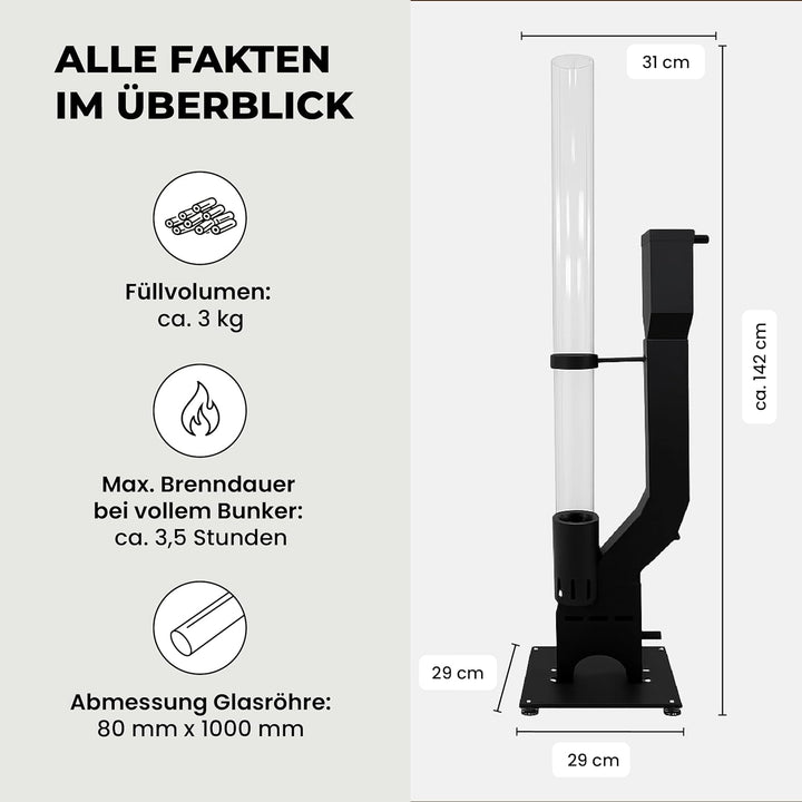 Lemodo Pelletfackel Prime XL, Feuersäule Outdoor mit Glasröhre, für Garten & Terrasse, für Holzpelle