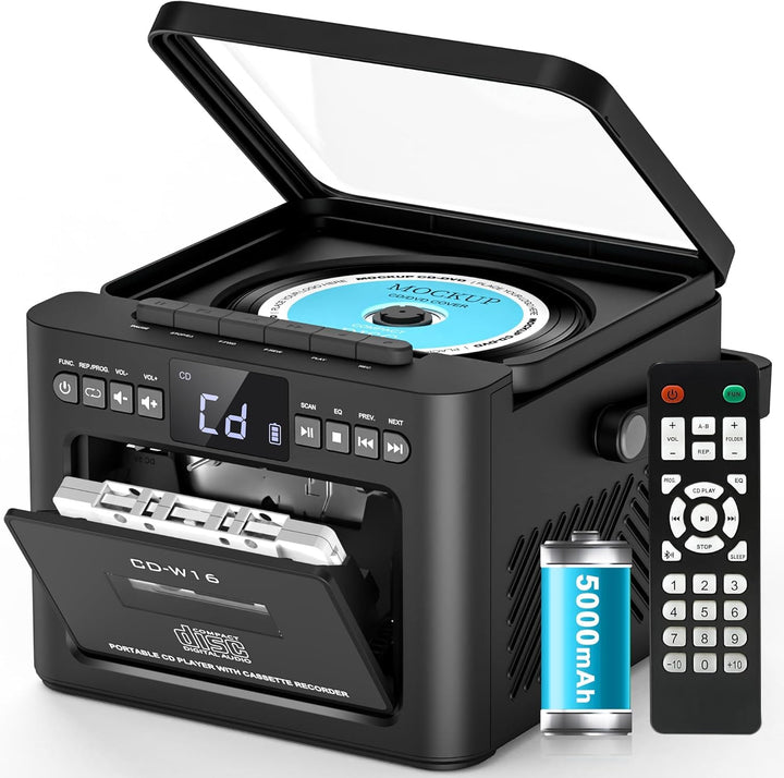 Greadio CD Player Tragbar, Boombox Kassettenspieler mit UKW Radio, Bluetooth 5.1, 5000mAh wiederaufl