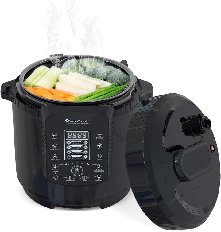 TurboTronic Druckkochtopf 6L mit 2x Topf Edelstahltopf und beschichtet, Dampfgarer, Multikocher, ele