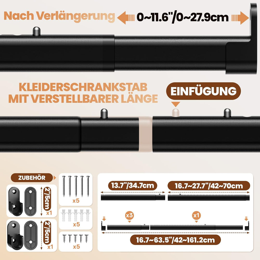 Mavivegue Kleiderstange Schrank, 42-161cm Oval Kleiderstange Ausziehbar | Kleiderstange Wandmontage