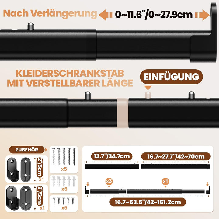Mavivegue Kleiderstange Schrank, 42-161cm Oval Kleiderstange Ausziehbar | Kleiderstange Wandmontage