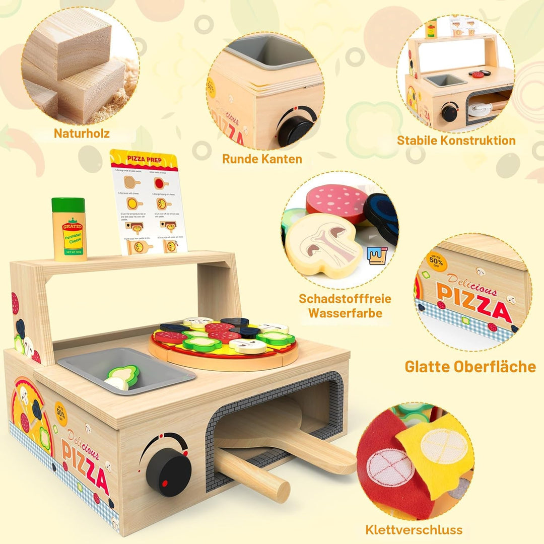 Pizza-Ofen Holzspielzeug ab 3 Jahre Kinder Montessori Spielzeug Kinderküche Zubehör mit Pizza, Pizza