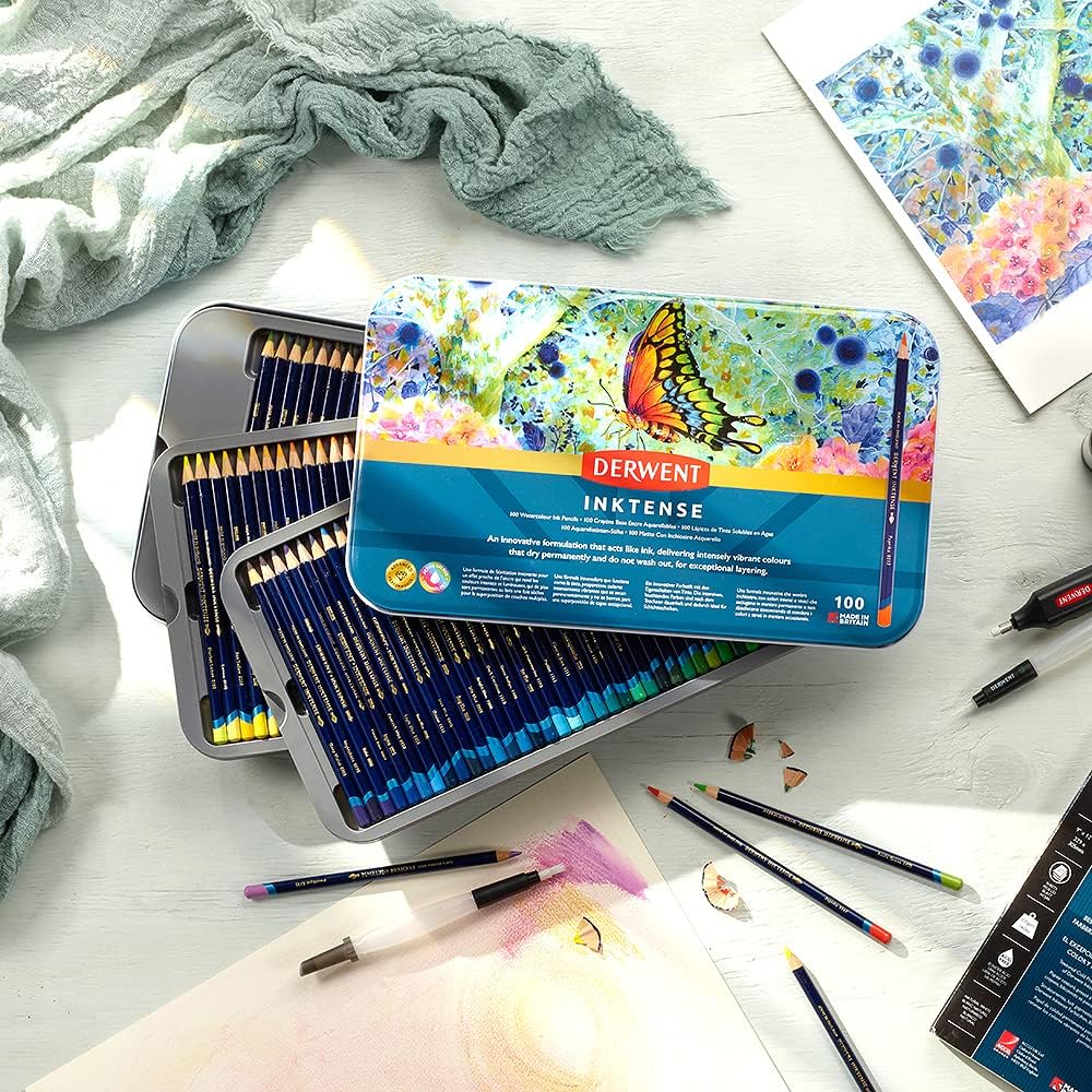 Derwent Inktense Stifte-Set, 100 permanente Aquarellstifte, Premium-Malstifte für Erwachsene, wasser