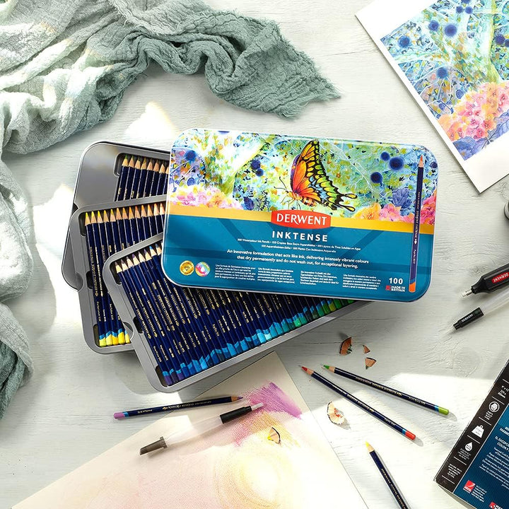 Derwent Inktense Stifte-Set, 100 permanente Aquarellstifte, Premium-Malstifte für Erwachsene, wasser