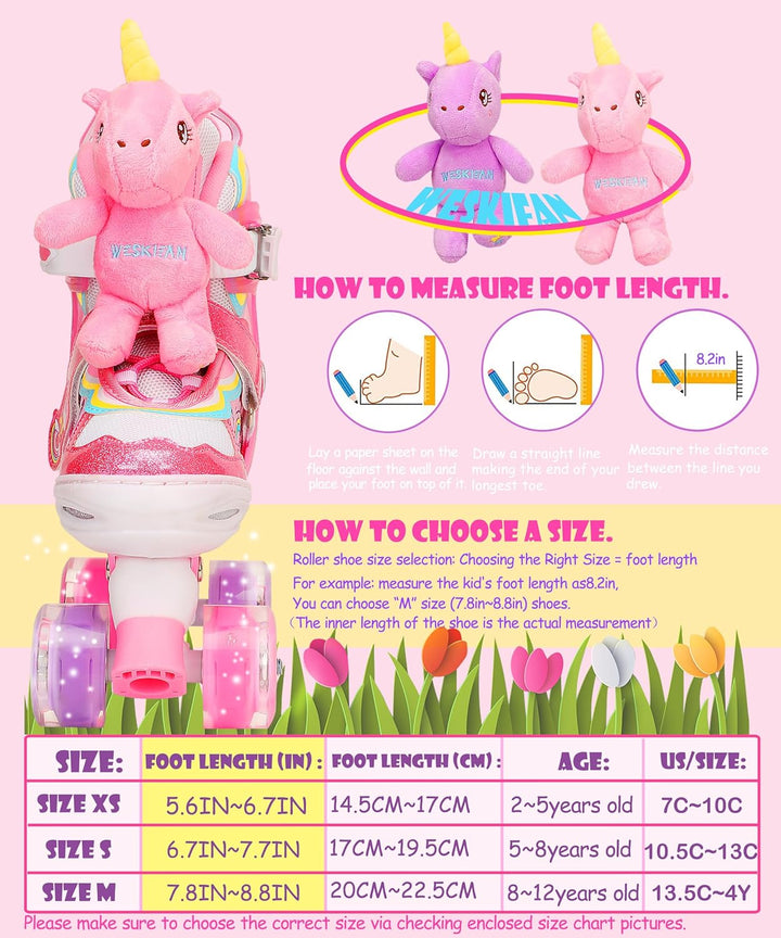 Kinder Einhorn-Puppe Rollschuhe für Mädchen 4 Grössen Verstellbar Quad Roller Skates für Anfänger We