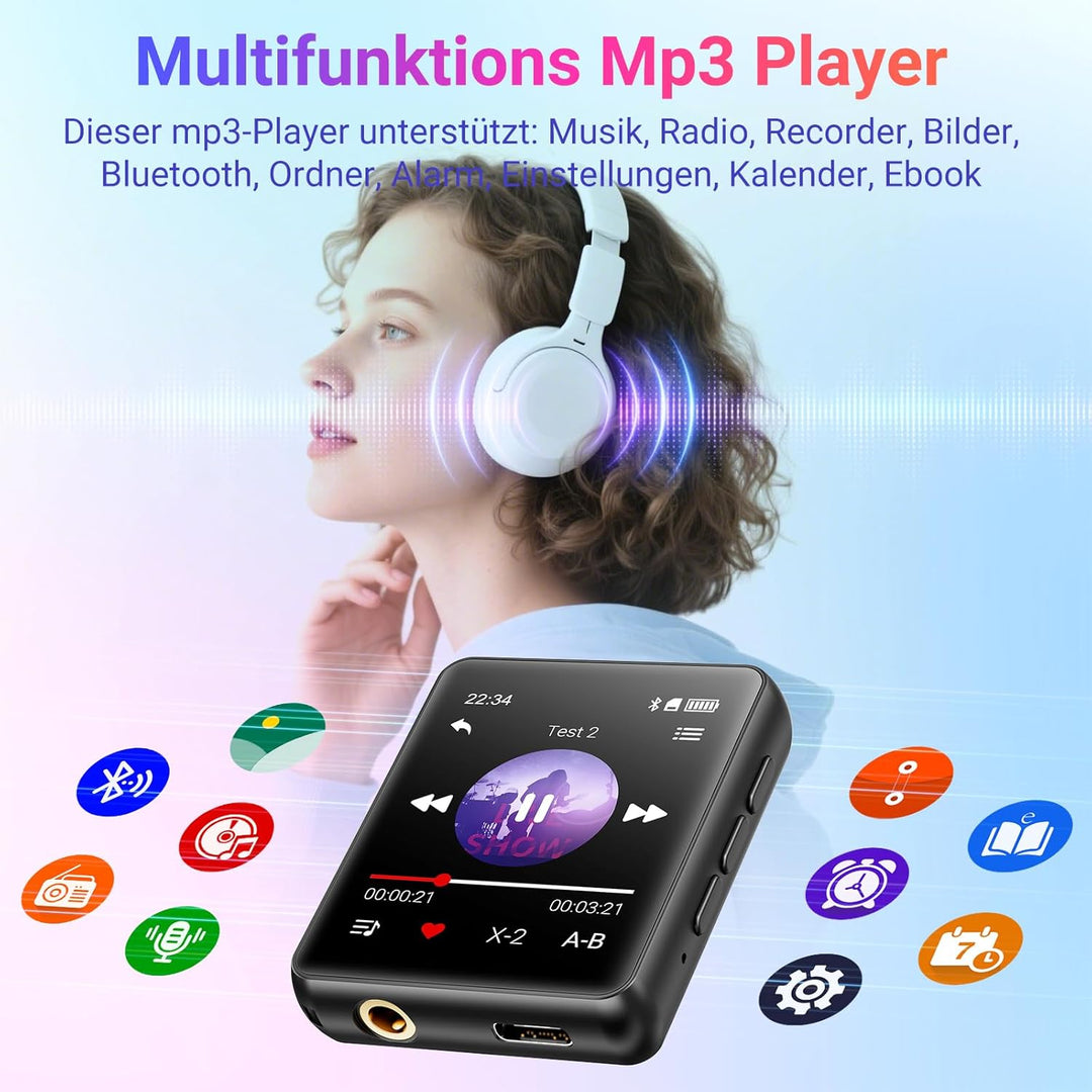 MP3-Player mit Bluetooth, 128GB Musik-Player, eingebauter Lautsprecher und FM-Radio, 1,8 Zoll Mini T