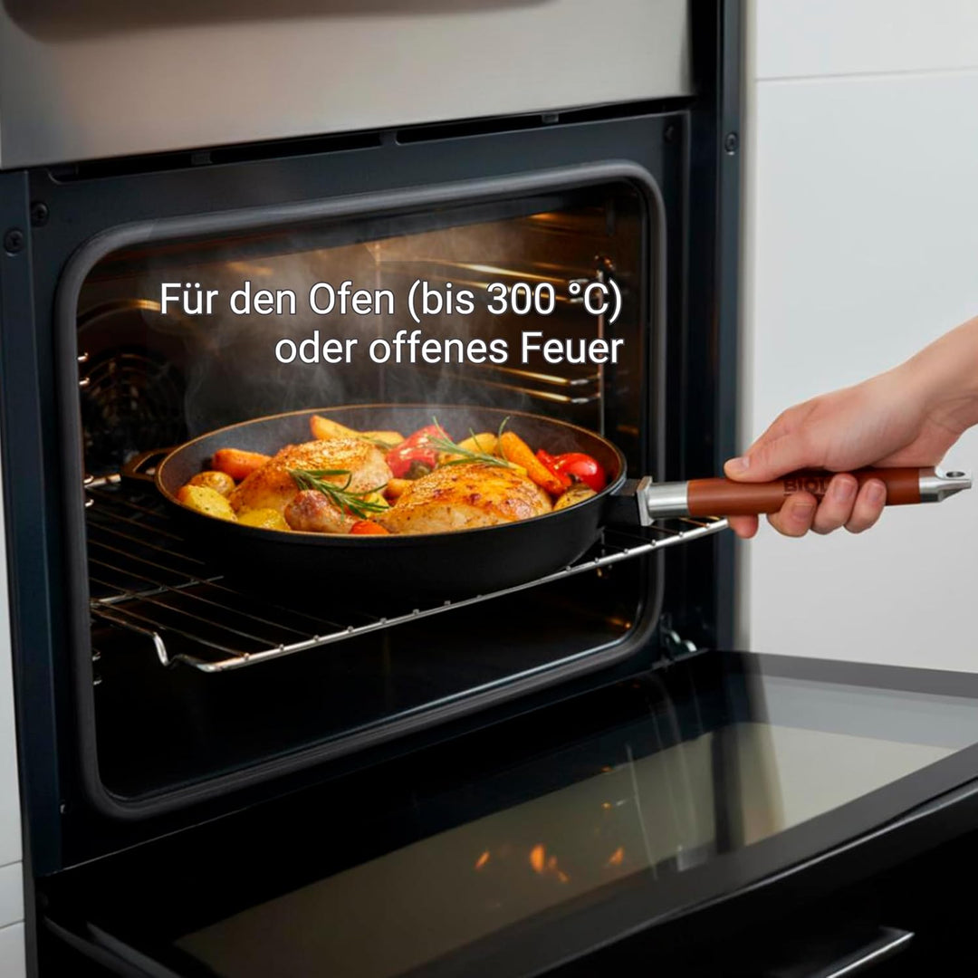 BIOL Gusseisenpfanne 22 cm mit Glasdeckel – tiefe Bratpfanne | Abnehmbarer Holzgriff, Ohne Beschicht