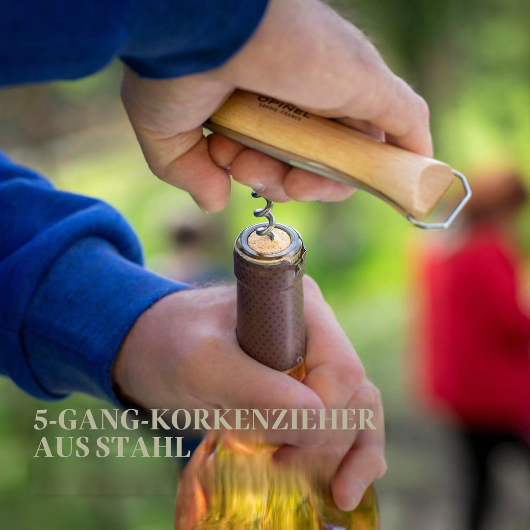 Opinel Taschenmesser No. 10, mit Korkenzieher und Kapselheber, aus rostfreiem Stahl, mit Buchengriff