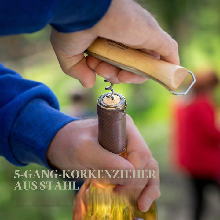 Opinel Taschenmesser No. 10, mit Korkenzieher und Kapselheber, aus rostfreiem Stahl, mit Buchengriff