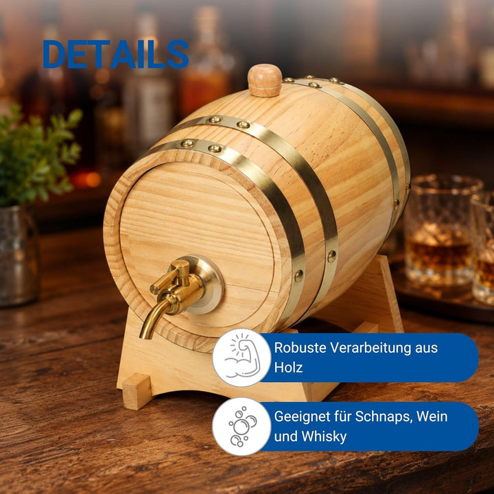 Holzfass 'Timber' 1 l - kleines Weinfass mit Zapfhahn, Beutel und Bock - dekoratives Fass für Whisky