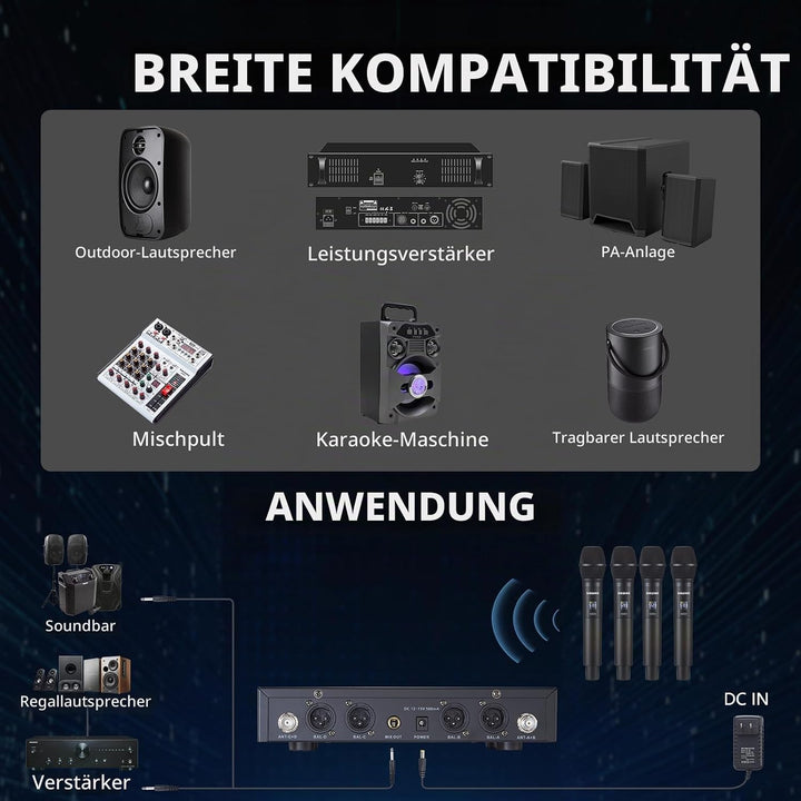 4X Handmikrofon Funkmikrofon Set – Professionelles drahtloses System mit 4x50 einstellbaren Frequenz