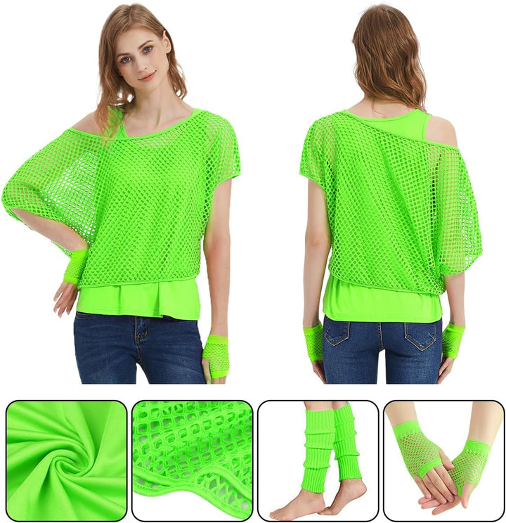 80er 90er Jahre Outfit Damen, Netzshirt, Tank top, Beinwärmer, Netzhandschuhe, Kostüm 80er Jahre Net