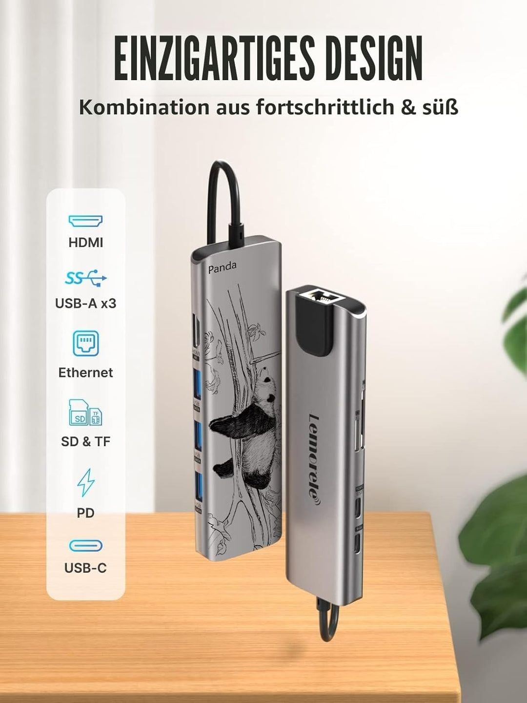 Lemorele USB C Hub -Docking Station 9 in 1 Aluminiumschale mit Gigabit Ethernet, 4K HDMI,100W PD,3 U