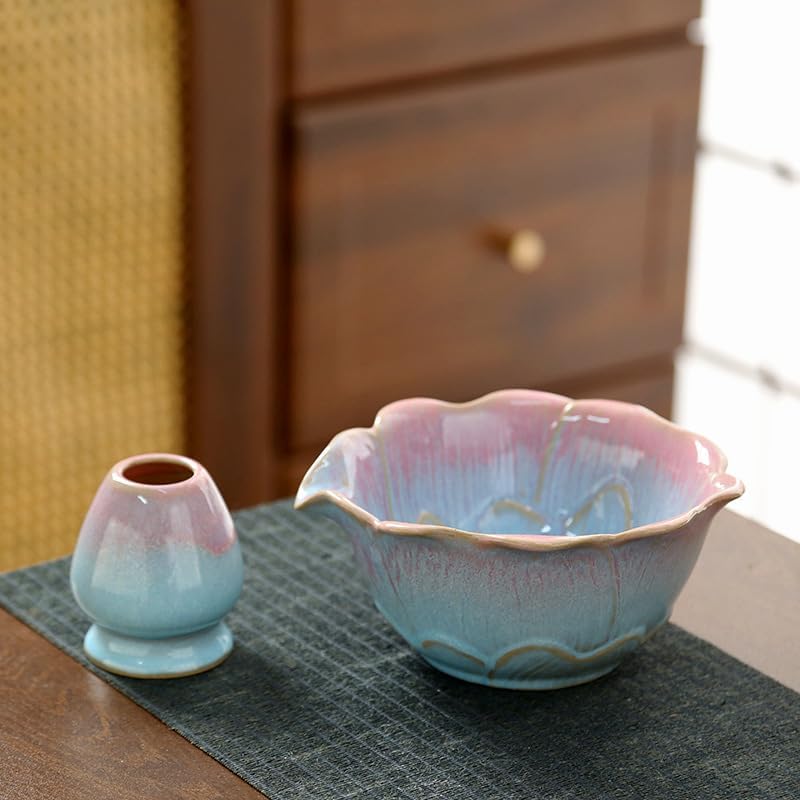 Matcha Set 5-teilig, Matcha Schale mit Ausgiesser in Blumenform Blau Rosa, Chasen, Bambusbesen, Chas