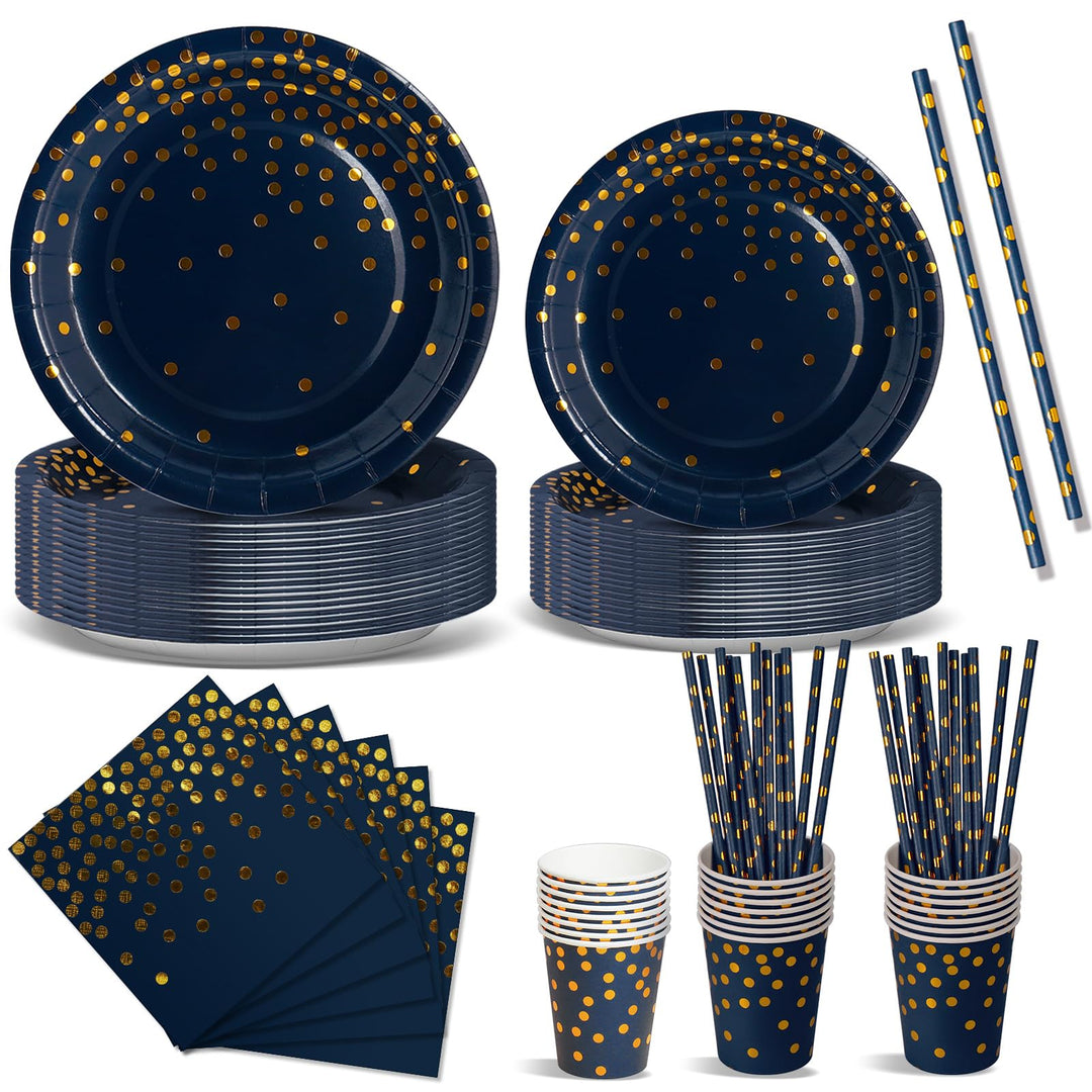 Nkaiso Partygeschirr 120 Stück Marineblaugold Kindergeburtstag Mädchen Party Deko Zubehör Set Papie