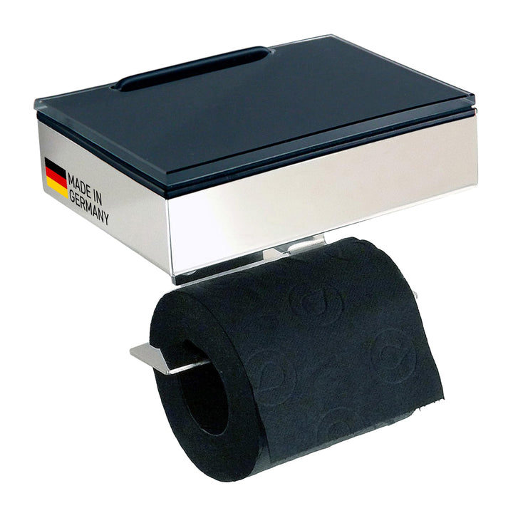 Toilettenpapierhalter mit Feuchttücherbox - Gehäuse Poliert & Abdeckung Glas Schwarz- befüllbar von
