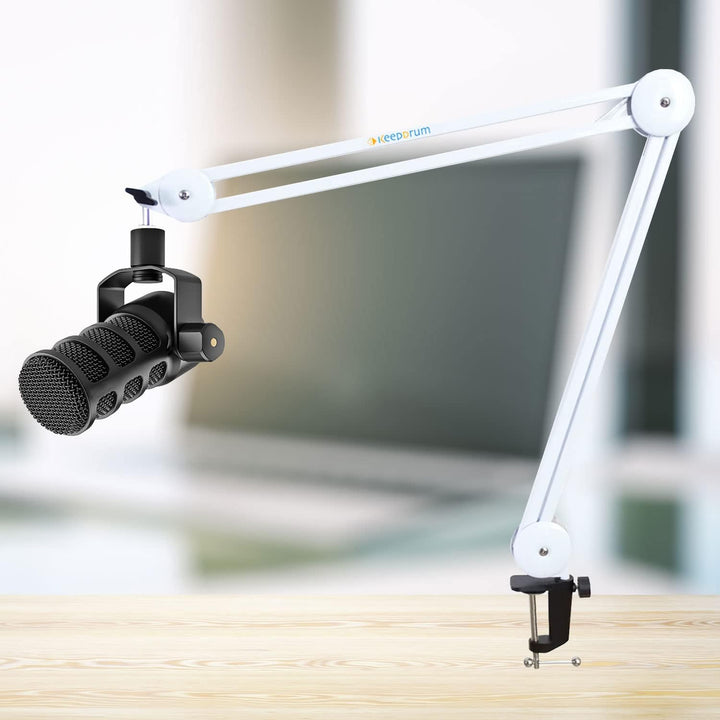 RØDE Podmic USB Sprecher Mikrofon mit XLR und USB-C Anschluss + keepdrum Gelenkarm MS138 Weiss Podmi
