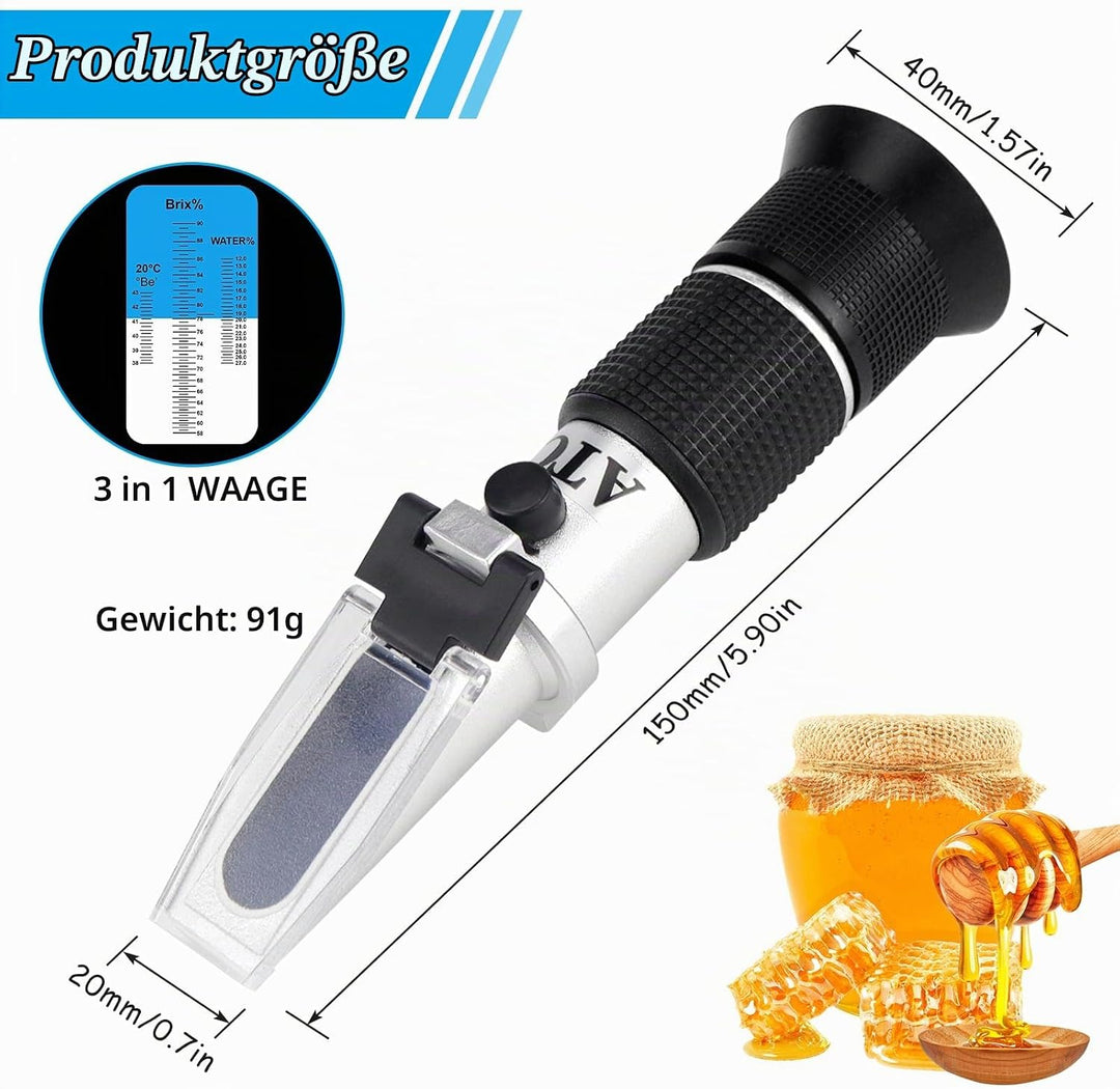 Rierousy 3-In-1 Refraktometer Honig mit Dreifach-Skala(Wasser: 12-27%, Brix: 58-90%, Be&