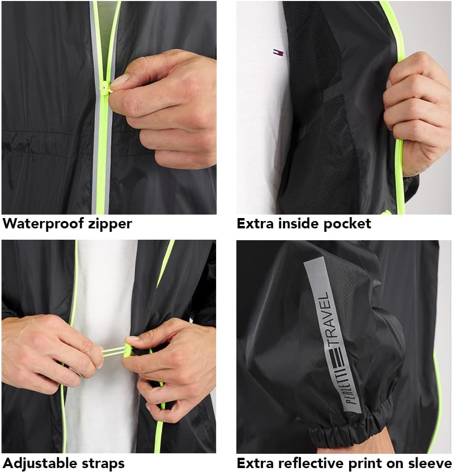 PERLETTI Regenjacke Herren Schwarz Gelb für Hohe Sichtbarkeit - Reflektierende Regenponcho Windbreak