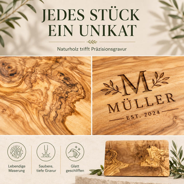 Schneidebrett personalisiert, Olivenholz - Rechteckiges Holzbrett mit Gravur (30 x 15 cm) Mit Gravur
