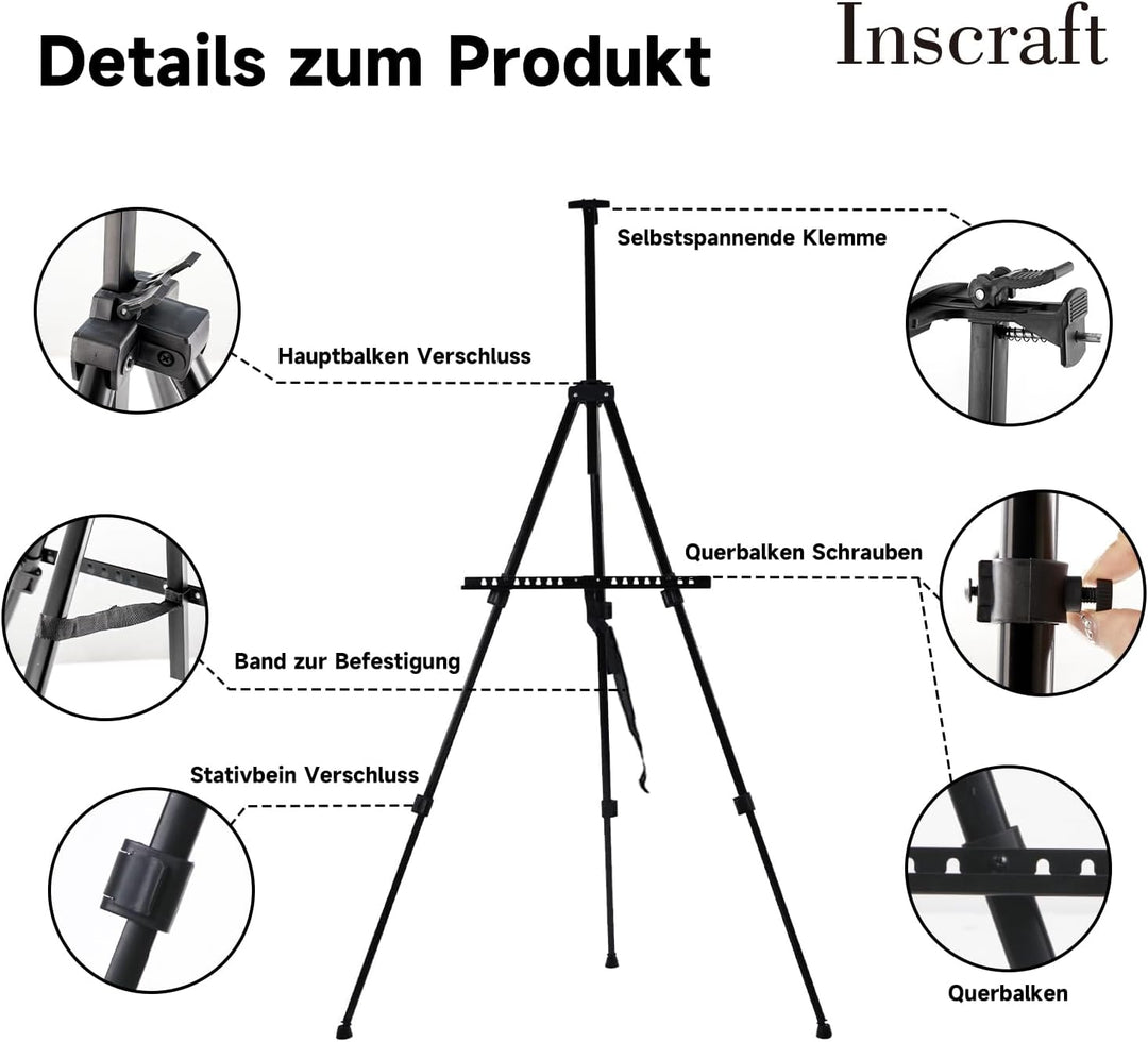 INSCRAFT Staffelei Schwarz, Aluminium, Einstellbar 40-117cm, Tischstaffelei &amp; Standstaffelei Klein,