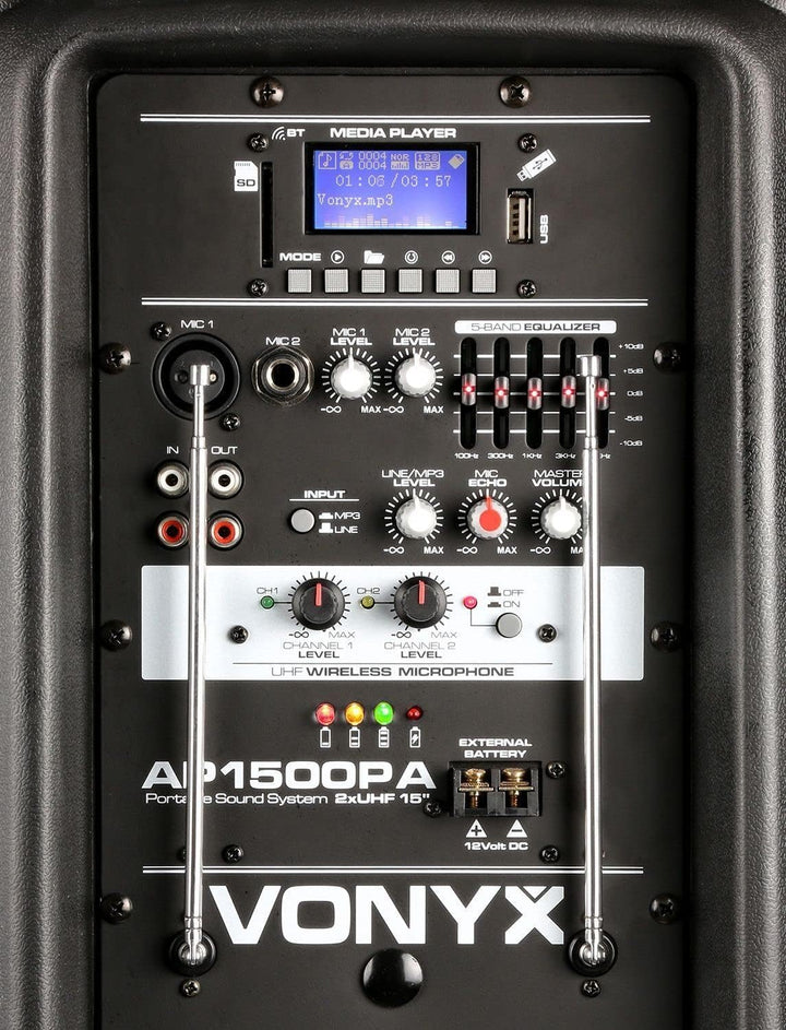 Vonyx AP1500PA - Mobile PA Anlage, Partybox Bluetooth mit Akku, 800 Watt Party Lautsprecher mit Mikr