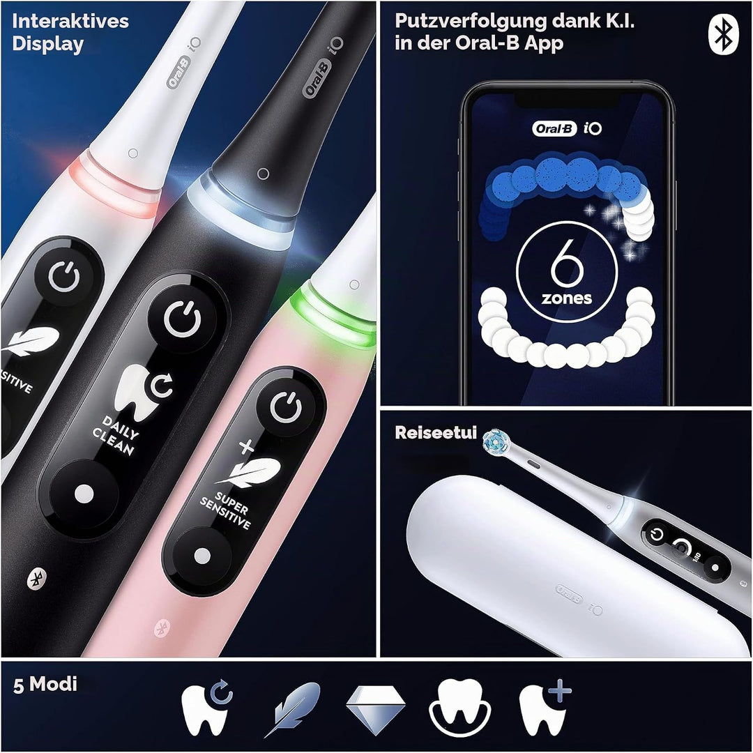 Oral-B iO Series 6N Elektrische Zahnbürste, Bluetooth, 5 Putzmodi, 2 Bürsten, 1 Reisetasche, Weiss/R