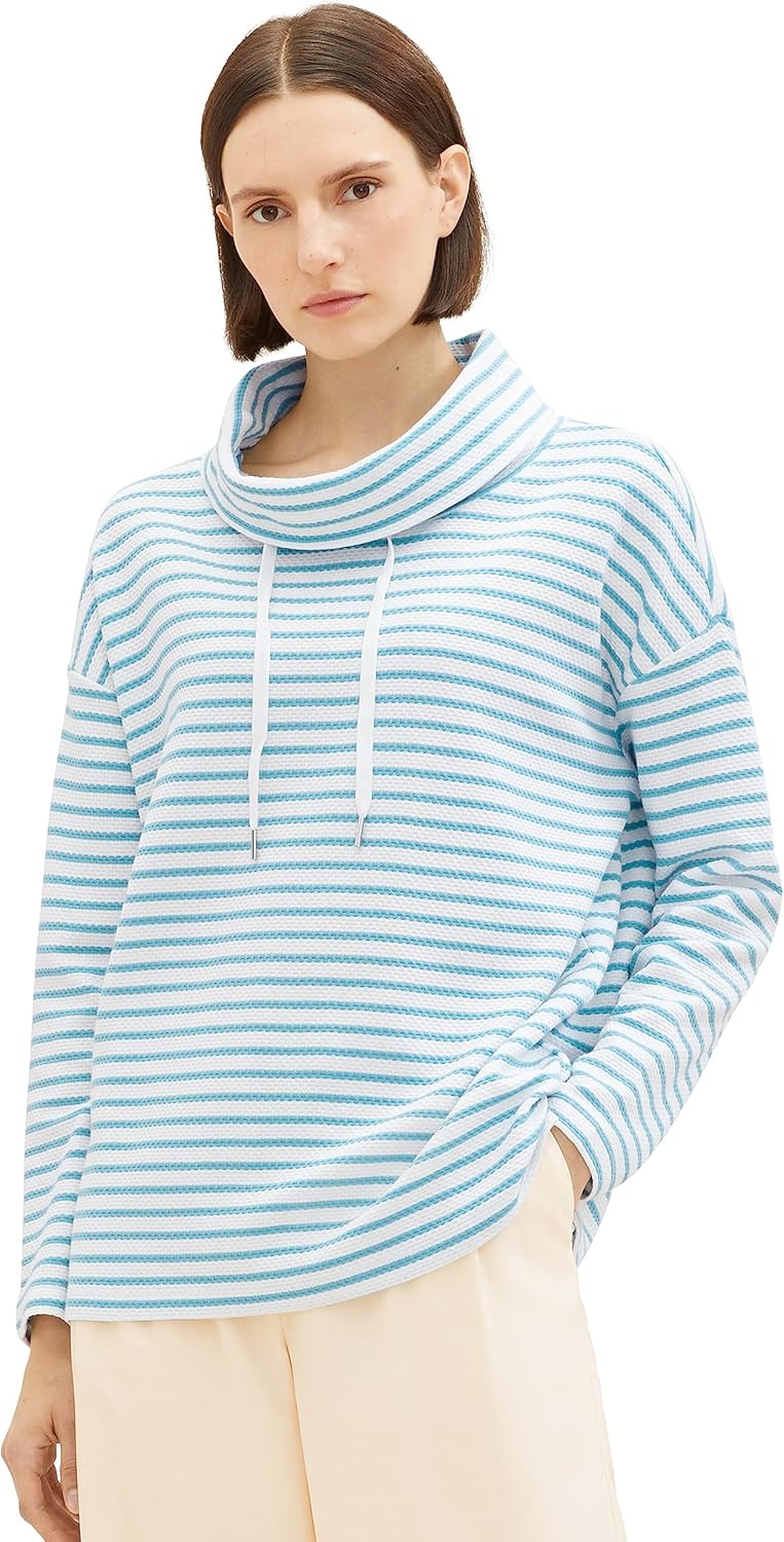 TOM TAILOR Damen Sweatshirt mit Schalkragen XL 34069 - Offwhite Teal Stripe, XL 34069 - Offwhite Tea