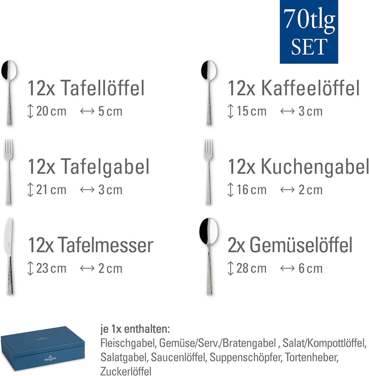 Villeroy & Boch - Blacksmith Besteckset 70-teilig Silber, Spülmaschinenfest, Besteck Set für 12 Pers