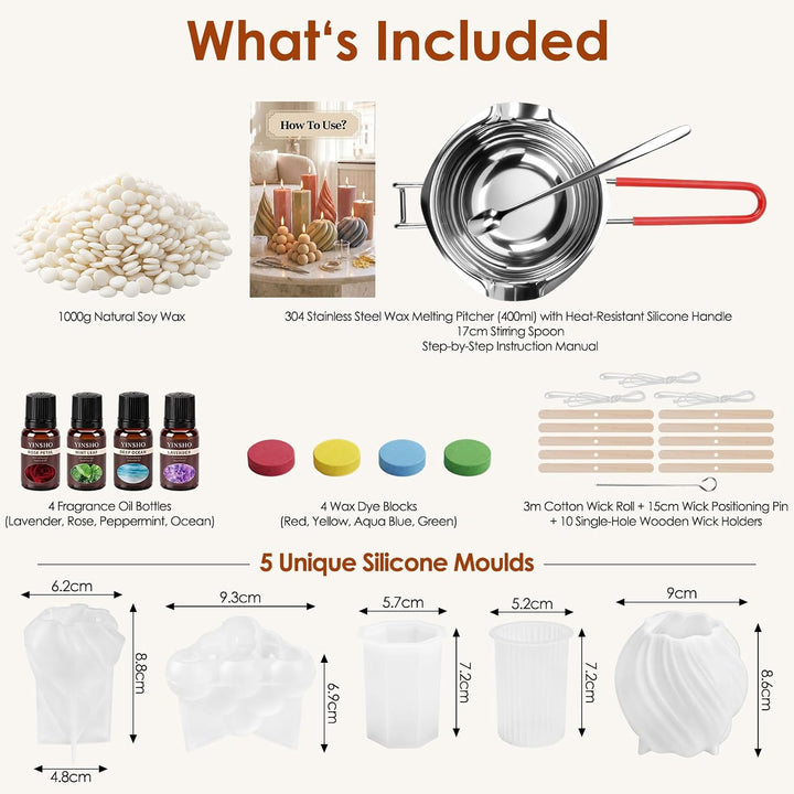 Kerzen Selber Machen Set, DIY Kerzenherstellungsset mit 1000g Sojawachs | Mit 5 Silikonformen, 4 Duf
