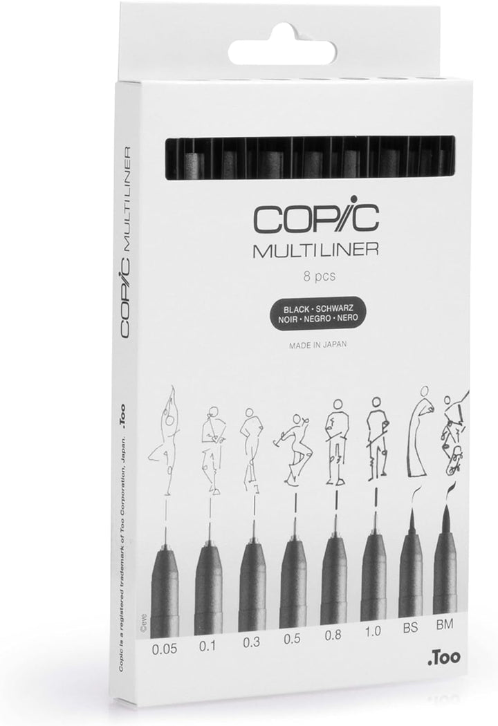 Copic Multiliner Set schwarz, 8 Stifte in 8 verschiedenen Strichstärken mit wasserfester Pigmenttint