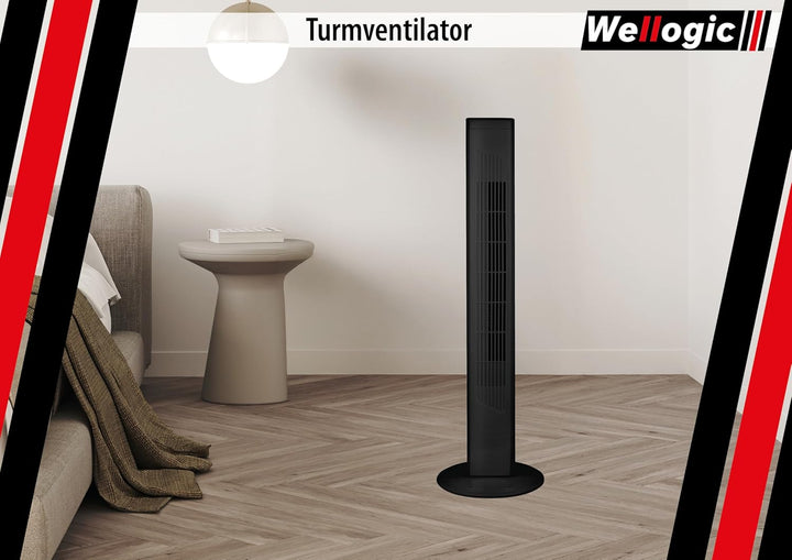 Turmventilator leise 91 cm Schwarz – Standventilator mit Fernbedienung, Timer 7,5h, 3 Geschwindigkei