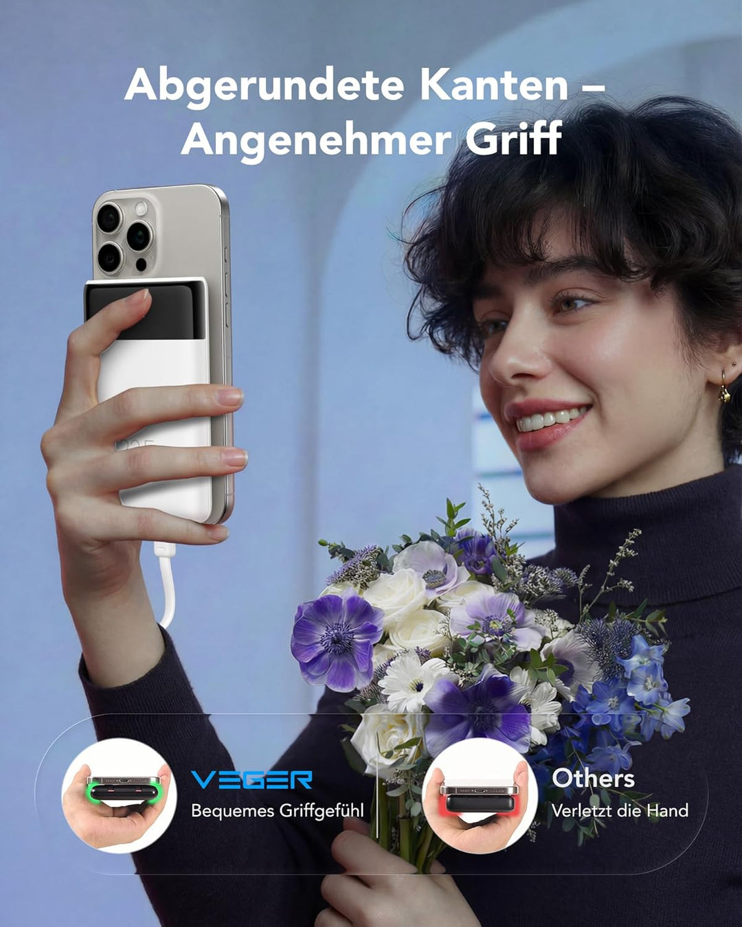 VEGER Power Bank 10000mAh Klein, 22.5W Schnellladung PowerBank mit Integriertem USB-C Kabel, Externe