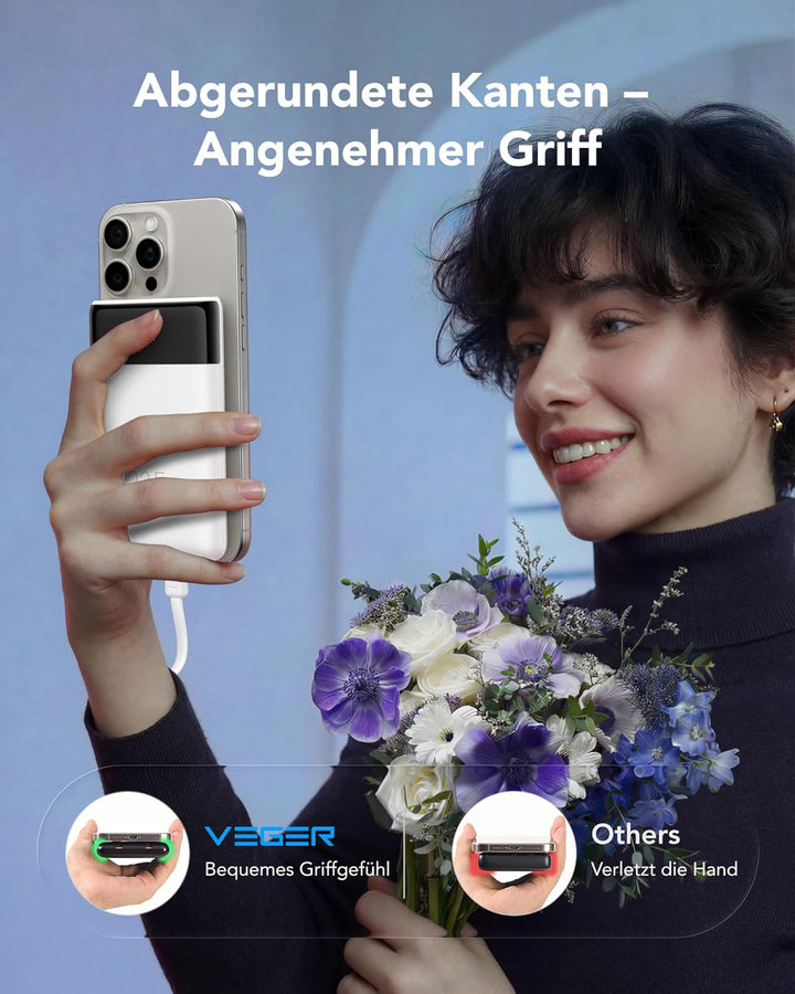 VEGER Power Bank 10000mAh Klein, 22.5W Schnellladung PowerBank mit Integriertem USB-C Kabel, Externe
