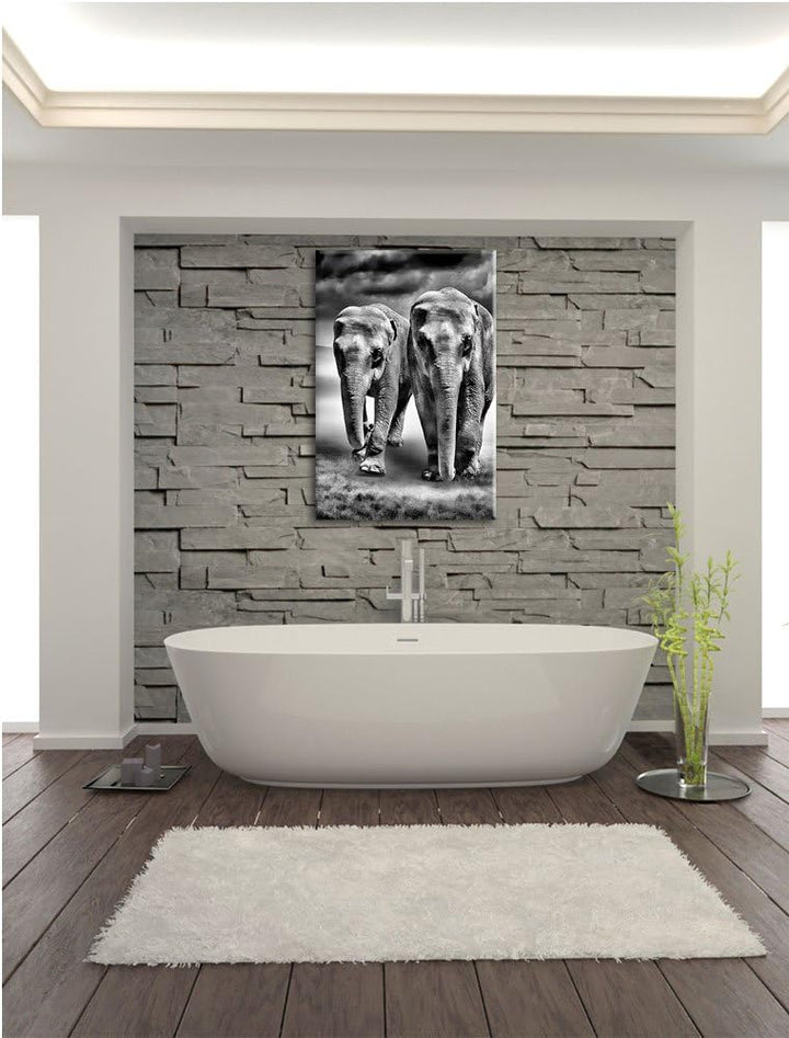 Pixxprint Elefanten in Steppe als Leinwandbild/Grösse: 100x70 / Wandbild/Kunstdruck/fertig bespannt,