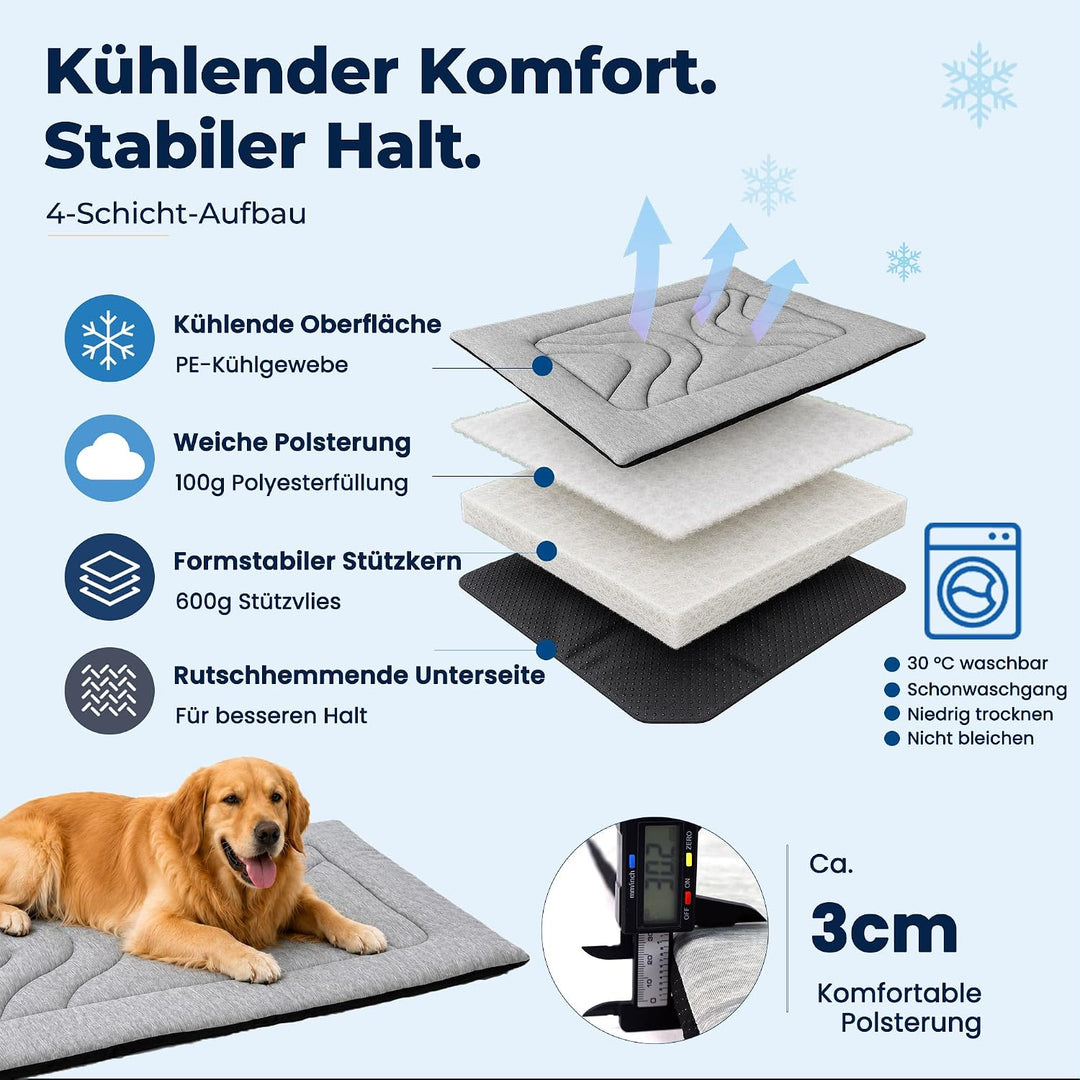 Kühlmatte für Hunde, waschbare Hundekühlmatte mit Q-Max ≥ 0,4 PE-Kühlgewebe, ca. 3 cm gepolstert, ru