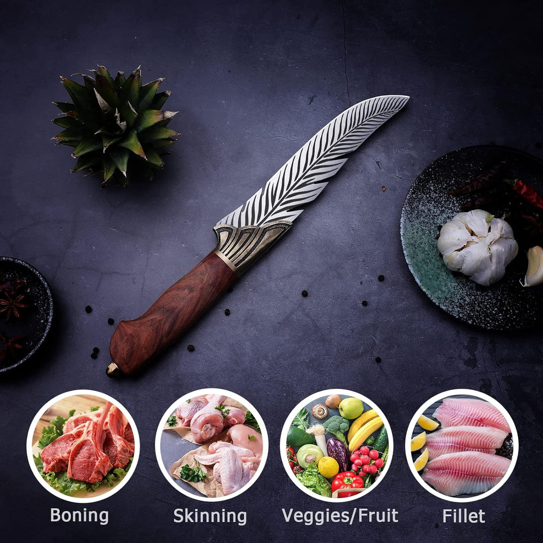 PURPLEBIRD Feder Messer Japanisches Kochmesser mit Lederhülle,Scharfes Ausbeinmesser mit Holzgriff O