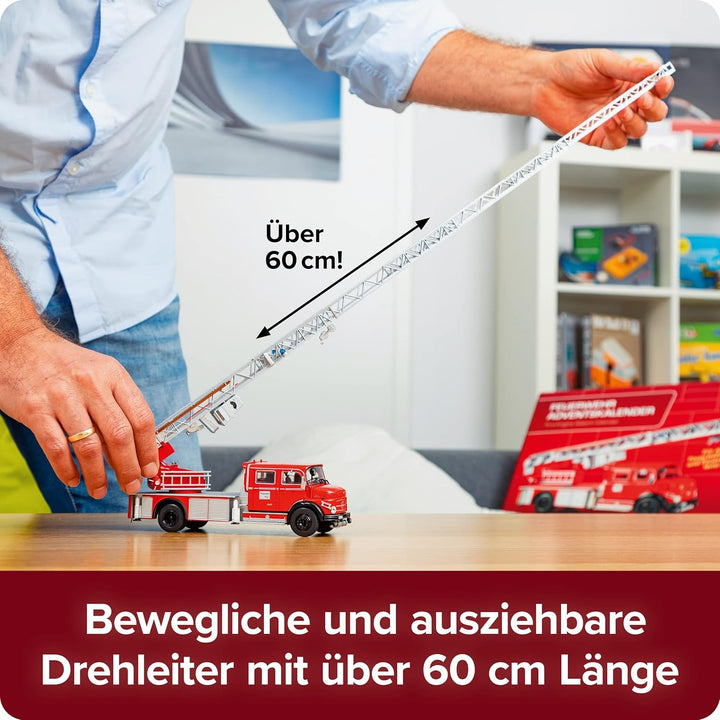 FRANZIS 67206 - Feuerwehr Adventskalender, Metall Modellbausatz des Mercedes-Benz L1519 im Massstab