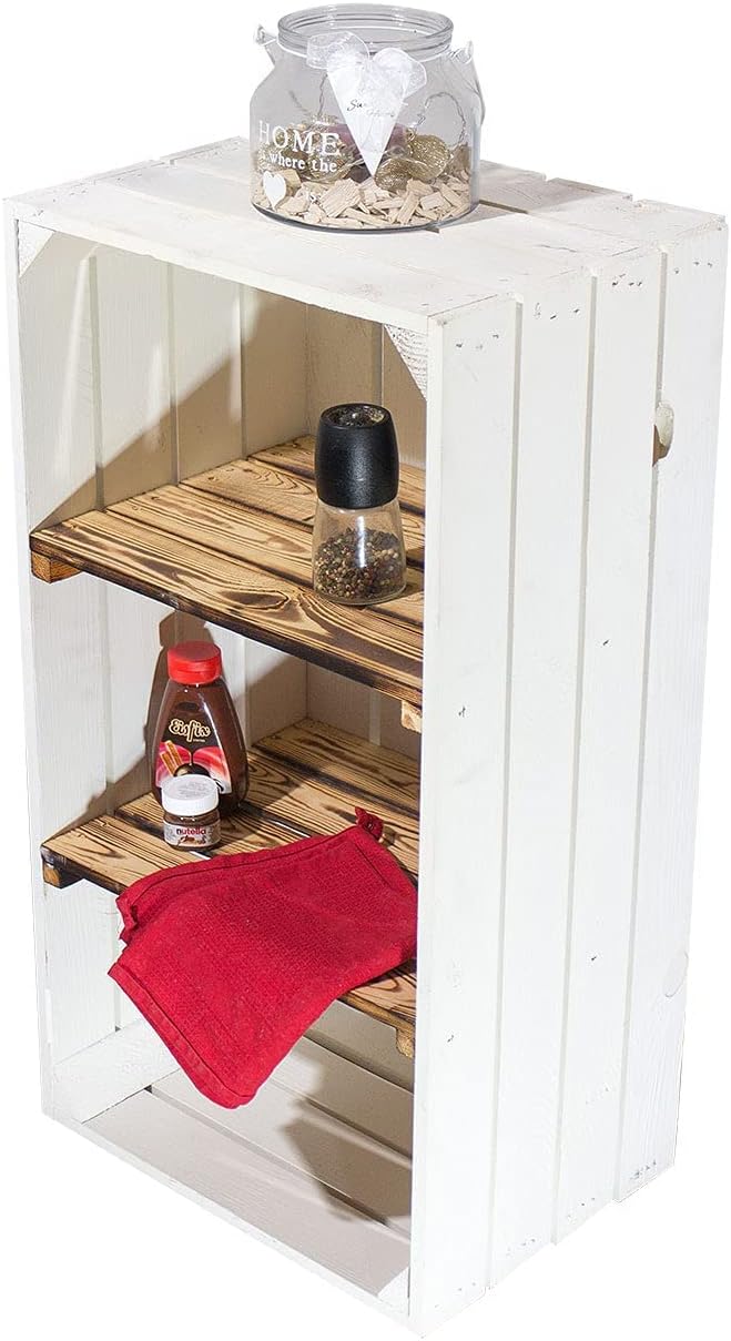 Weisse Holzkiste mit 2 geflammten Mittelbrettern 68cm x 40cm x 31cm Zwischenbretter flambiert Obstki