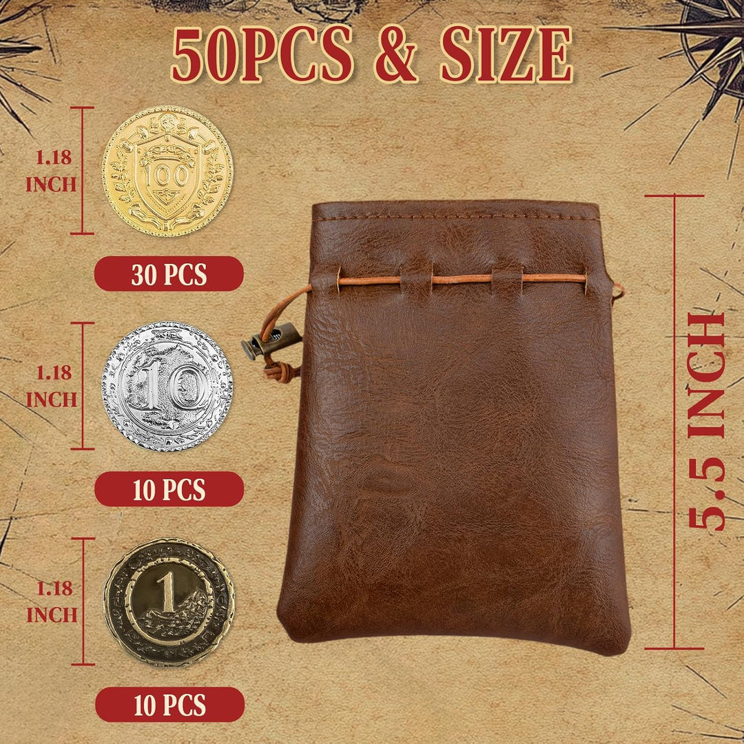 Byhoo 50PCS Metall DND Münzen, 1.2" Gold Silber Kupfer Token mit Gesichtswert für Brettspiel und Tab
