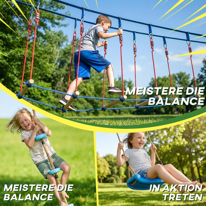 AIYAPLAY Ninja Line Kinder 24 m Slackline Set mit Turnringe 7 Hindernissen Kletterstange Ninja Warri